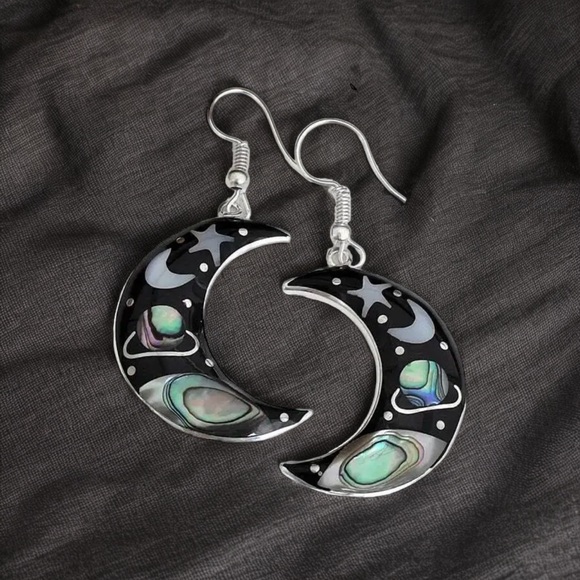 Retro Universe Starry Sky Crescent Hook Earrings Zinc Alloy Silver Plated Trendy - Picture 5 of 9